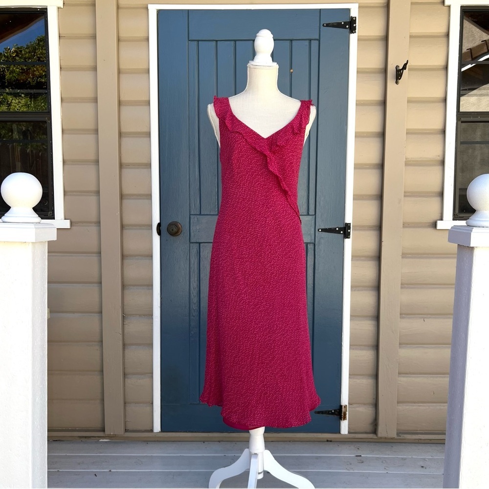 Vintage 90’s Ann Taylor 100% Silk  Ruffle V-Neck Midi Dress Women Size 12